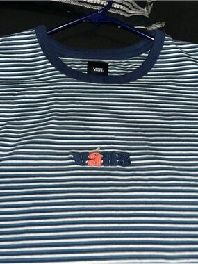 Vans Navy and White Striped Short-Sleeve Tee with Embroidered Logo